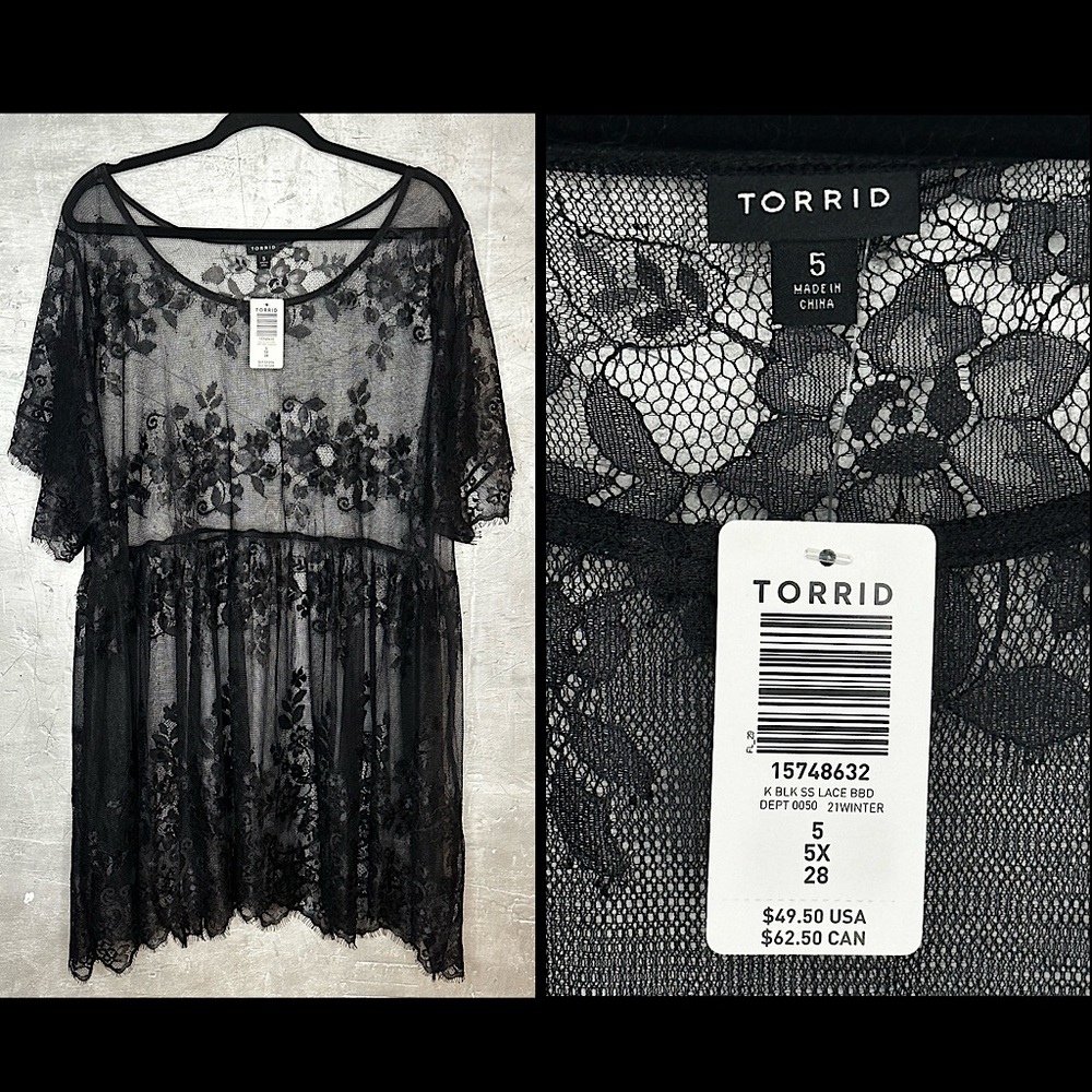 BABYDOLL SHEER LACE SHORT SLEEVE TOP